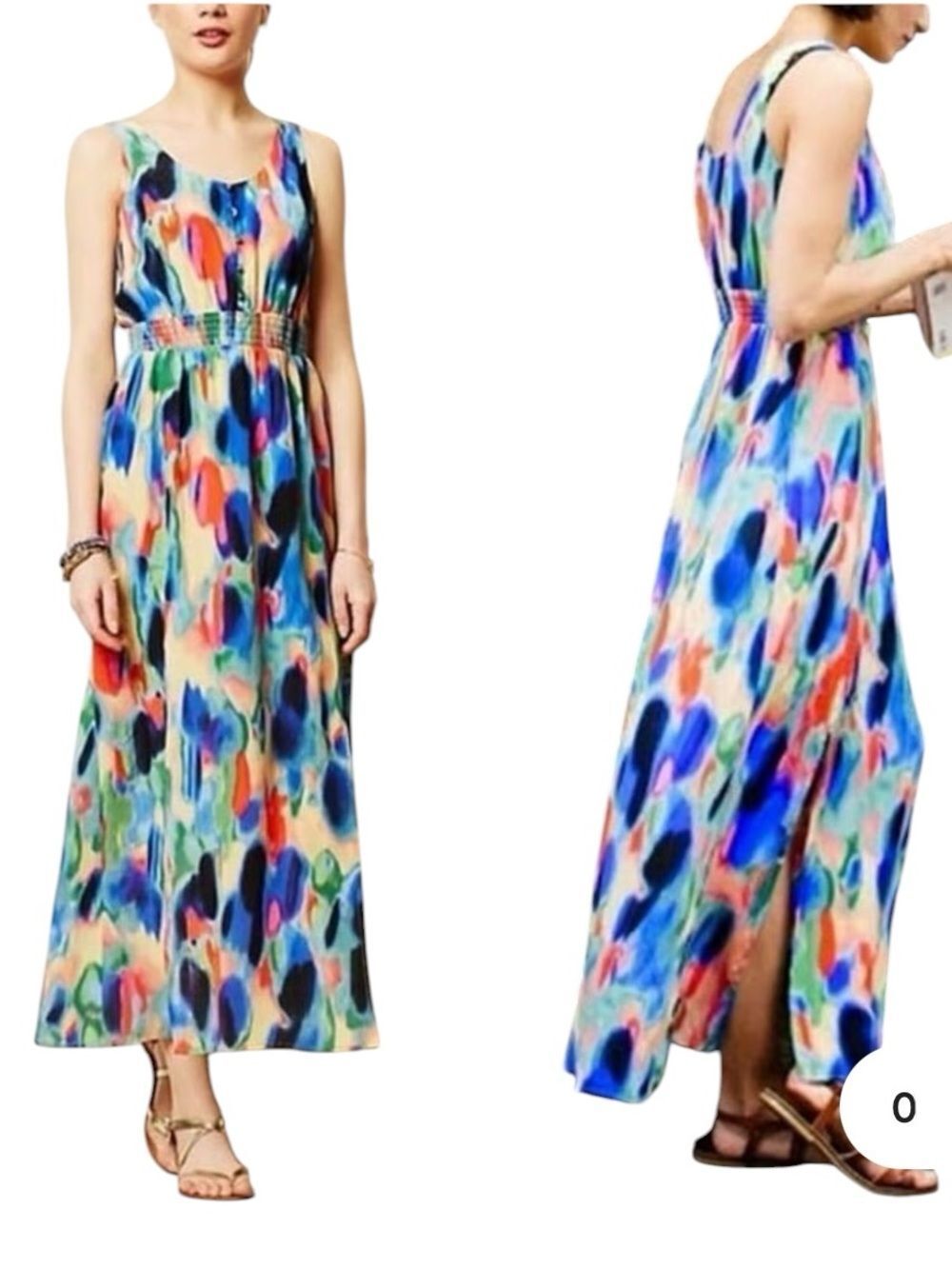 Anthropologie Maeve Sleeveless Watercolor-Print Maxi Dress in Blue, Pink, Green